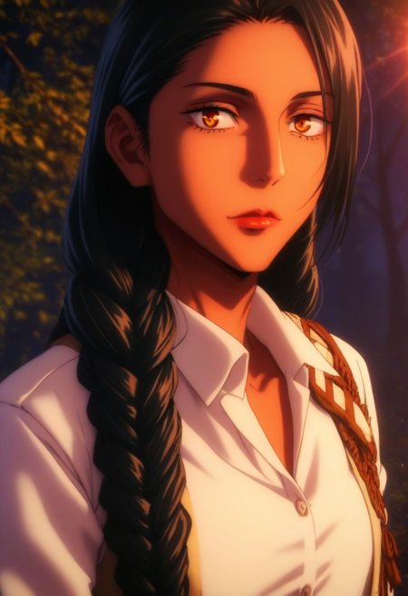 score_9, score_8_up, score_7_up, source_anime, intricate details, anime screencap, perfect balance, official art, extremely detailed CG unity 8k wallpaper, perfect lighting, Colorful, Warm_Front_face_Lighting, (masterpiece:1.0),(best_quality:1.0), ultra high res,4K,ultra-detailed, photography, 8K, HDR, highres, absurdres:1.2, Kodak portra 400, blurry background, bokeh, lens flare, (Anime) (vibrant_color:1.2), professional photograph, night, (good_face:1.2), 2d, anime, upper body, intricate iris, American, Professional character design, 1girl, female focus, (Orange amber eyes), perfect eyes, (black-hair), tanned skin, dark skin, Native American, Indigenous, American Indian, Tribal, feathers, Tribal_braids, Decorated_braids, white dress shirt, bolo tie, black_leather_jacket, Black-Western-Fringe-Jacket, youthful, solo, jujutsu_kaisen_style, character portrait, (perfect-lighting, lens flare), face, torso, (Friendly), young, (redwood forest, nature), (Dark-black-hair), Long hair, Wild hair, feathered hair, tanned skin, Native American, Indigenous, American Indian, Tribal, feathers, Tribal_braids, Decorated_braids, Feathers-in-braids, white dress shirt, (bolo-tie), Black-Leather-Fringed Jacket, (Black-Fringed-Jacket), wild, animalistic, energetic, hyper, North American, Shimmering-Eyes, Admiration, Pride, (Red, Orange, Yellow, Black) almond-shaped eyes, high cheekbones, strong jawline, (Black Hair)