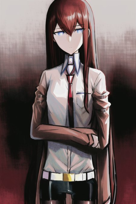 long hair,1girl,brown hair,necktie,red necktie,solo,jacket,pantyhose,shorts,blue eyes,black pantyhose,legwear under shorts,black shorts,shirt,belt,looking at viewer,white shirt,collared shirt,kurisu_makise girl, <lora:kurisu_makise01:0.9>  <lora:steinsGateHukeLora_10:0.8>