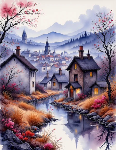 This image is a vibrant, highly detailed digital watercolor painting featuring, WatercolorSketch style. A misty moor village on pale black paper, set in the foggy plains. The village is adorable with charming thatched-roof cottages and cobblestone paths. In the background, an appealing cityscape rises, featuring tall spires and intricate architecture. The scene is painted with complementary colors, rich deep hues that create a magical atmosphere. The landscape is stunningly detailed, with luxurious sharp focus on every element, from the dew-covered grass to the distant city lights. The composition is dynamic and dramatic, capturing the interplay of light and shadow in the fog. Rich vivid colors enhance the magical feel, while grand illumination adds a touch of ethereal beauty, making the entire scene pure and captivating. <lora:Vibrant_watercolor_v.22:1>