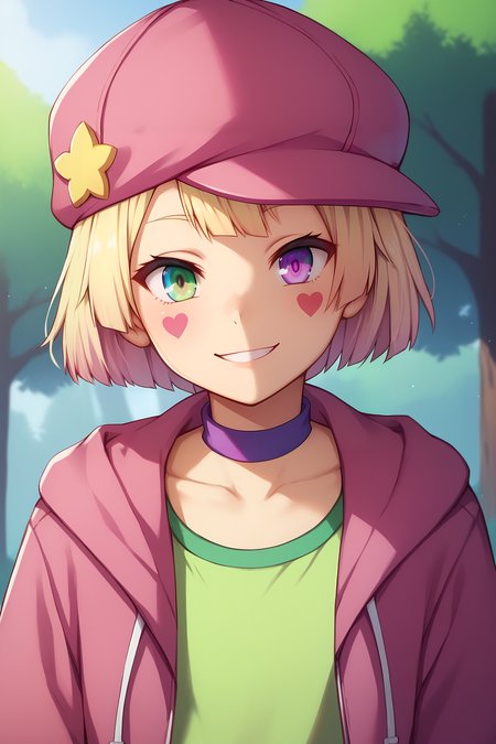 score_9, score_8_up, score_7_up, score_6_up, BREAK, TetNGNLPXL, facial mark, green eyes, (purple eye), multicolored eyes, heterochromia, blonde hair, short hair, bob cut, bangs, pink hat, flat chest, purple choker, pink jacket, open jacket, green shirt, solo, front view, (portrait, upper body), solo focus, seductive smile, looking at viewer, forest, tree  <lora:TetNGNLPXL:0.8>