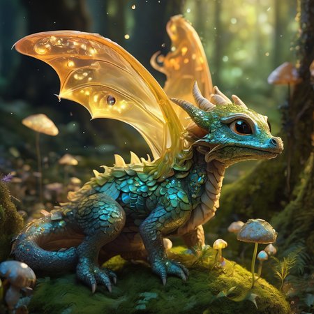 Cinematic, ultra-detailed 8k capture of a cherubic baby dragon nestled amidst a bed of luminescent mushrooms. Its iridescent scales shimmer in the dappled sunlight filtering through ancient, moss-covered trees. Tiny wings flutter with curiosity, while its large, round eyes, filled with wonder, gaze upwards at floating spores that resemble golden fireflies. A gentle curl of smoke rises from its snout, hinting at its fiery lineage, while its playful tail wraps around a nearby crystal, causing it to glow with a soft, magical light. The backdrop is an ethereal, enchanted forest, alive with the whispers of other fantastical creatures, creating a scene straight out of a fairy tale