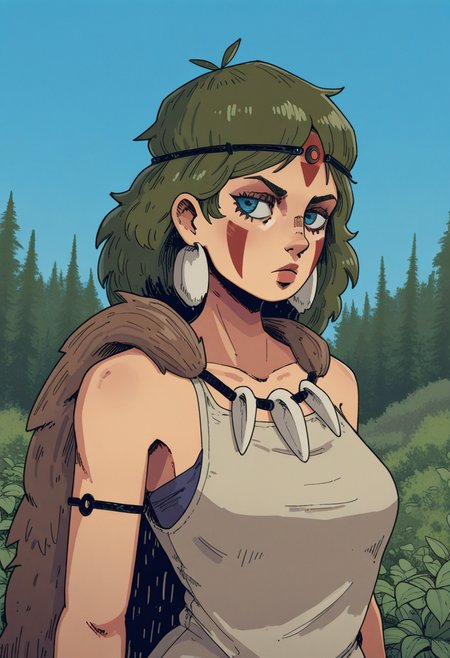 10P3Zstyle, masterpiece, best quality, solo,                                                                                                            princess mononoke, blue eyes, tribal clothing, wooded trees, bushes,  area, blue sky, bust shot