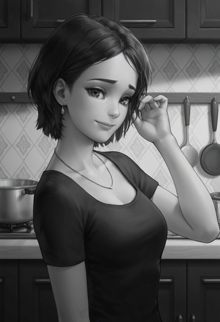 Graphic Design, greyscale, monochrome, intricate details, high contrast, detailed background, beautiful detailed, beautiful face, detailed eyes, detailed face, new, k4r1n4, 1girl, solo, jewelry, short hair, earrings, necklace, black hair, black dress, short sleeves, upper body, (sad:0.7), light smile, adjusting hair, looking at viewer, kitchen, (from side:0.8), (masterpiece, best quality, newest, recent, absurdres),