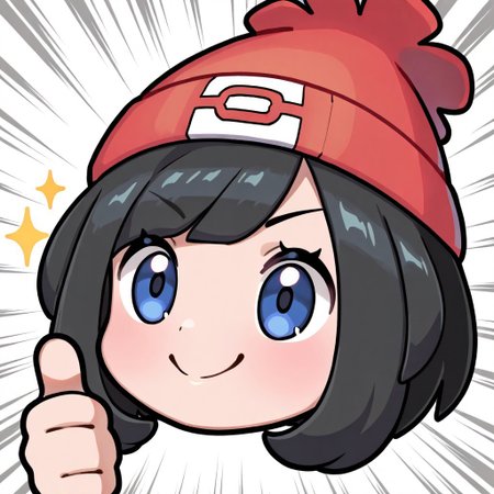 masterpiece, best quality, highres, 1girl, solo,, emote, chibi, face focus,, Selene_(Pokemon), beanie, blue eyes, black hair, happy, thumbs_up, speed lines, zoom