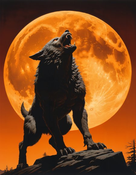 by Ed Mell and Masaaki Sasamoto, hyper realistic medium full shot photo of  a (werewolf howling at the full moon:1.1),  (orange , blank , masterful:1.4), poster art, bold lines, hyper detailed, award winning,  dark limited color palette, high contrast, depth of field, (intricate details, masterpiece, best quality:1.4)
strobe lighting,  looking at viewer, dynamic pose, wide angle panoramic view,
<lora:add-detail-xl:0.5> <lora:xl_more_art-full_v1:0.5> <lora:looking_at_viewer:2>