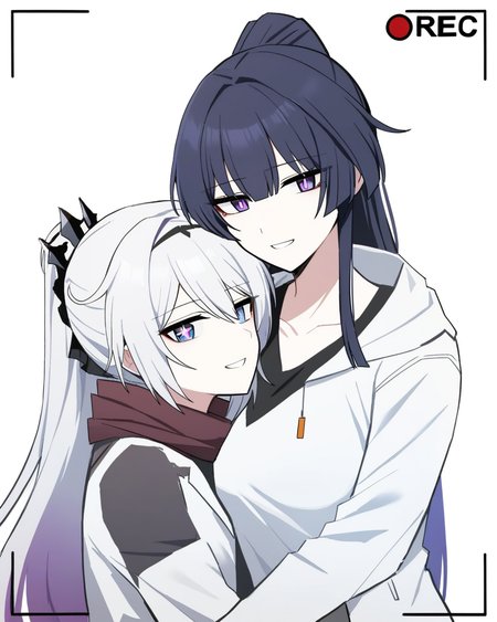 masterpiece,best quality,<lora:honkai_impact_all:1>,2girls, kiana kaslana, kiana kaslana \(herrscher of finality\), raiden mei, raiden mei \(herrscher of origin\), upper body, grin, scarf, + +, battery indicator, black jacket, black shirt, closed mouth, commentary, english commentary, highres, honkai \(series\), honkai impact 3rd, lix \(iroiro3843\), locked arms, looking at viewer, recording, simple background, wedding ring, white background, white jacket, white shirt, yuri