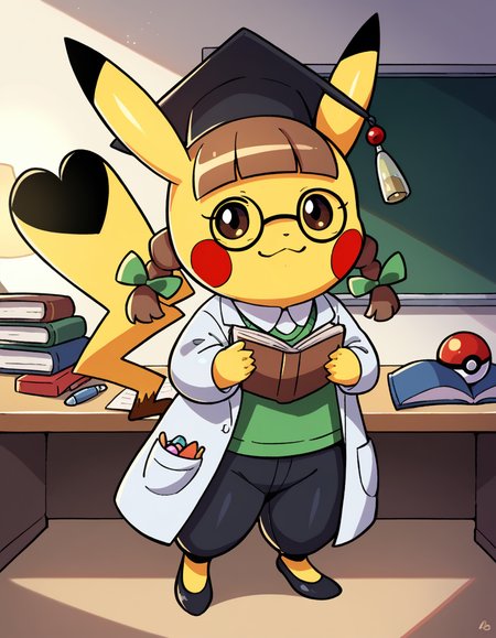 zPDXL, score_9, score_8_up, score_7_up, score_6_up, score_5_up, 4k, absurdres, looking at viewer, <lora:Perfect Hands:0.8> Perfect Hands, 1girl, solo,
<lora:CosplayPikachu v2:0.8> cosplay pikachu, pokemon \(creature\), pikachu ears, pikachu tail, feral, shortstack, flat chest,
phdchu, lab coat, collared shirt, green sweater, brown hair, twintails, twin braids, black pants, black footwear, glasses, round eyewear, pocket, mortarboard, poke ball, coke-bottle glasses, graduation cap, 
(indoors, School Library, Inviting space with rows of bookshelves, study tables with adjustable lamps, cozy reading nooks with bean bags, a circulation desk with computers, colorful posters promoting literacy)