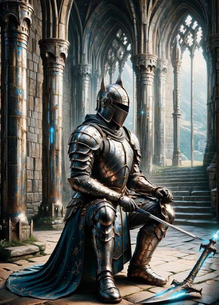 An ais-trnshd knight with gleaming armor, kneeling before a mystical glowing sword, inside a decorated castle <lora:ais-trnshd-sdxl:1>
