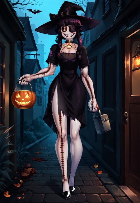 1girl,  creepy susie, ((Goth Girl with very pale skin))  , eyepatch on left eye, smile, grin, 
BREAK
score_9, score_8_up, score_7_up, score_6_up, source_cartoon,
GothMakeup,
black hair bow, black sclera, colored sclera, yellow eyes, short black hair, braids, black dress, black high heels,  stitches, injury, scars, + +, injury, scars, blood, black tears, tr1ck0rtr3at, holding, Halloween bucket in left hand, doorway, street background, jack-o'-lantern, trees, falling leaves, yellow orange and red leaves, holding a butcher knife in right hand, witch hat