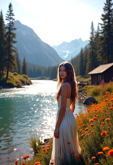 Cinematic film still a woman standing in front of a lake with mountains in the background and flowers in the foreground,, Anna Katharina Block, cinematic photography, a matte painting, art photography, cinematic photography, a photorealistic painting, mannerism, cinematic photography, a photorealistic painting, art photography, cinematic photography, a storybook illustration, figurative art, a photorealistic painting, rococo, elegant pose, a stock photo, romanticism, concept art, shallow depth of field, vignette, highly detailed, high budget, bokeh, cinemascope, moody, epic, gorgeous, flux-style, film grain, grainy. <lora:add-detail-xl:.5> <lora:Flux-style-xl-lora:.5>