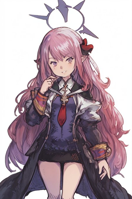 (Yoshida_Akihiko_PonyXL_style_v02.10.01) Iroha_(Blue_Archive), red head, red necktie, black shirt, black skirt, purple eyes, purple halo, military hat, purple eyes, very long hair, huge hair, small breasts, long sleeves, military, black jacket, white background, armband, opened coat, black coat, grin, (Bravely Default Style), yoshida akihiko, purple eyes, red hair, red hair, red yellow armbard, purple eyes, hair bow, <lora:pony\char\game\ba\Iroha_Pony-10.safetensors>, <lora:pony\style\Yoshida_Akihiko_PonyXL_style_v02.10.01.safetensors>, <lora:styles\yoshida_akihiko_offset.safetensors>, <lora:styles\BravelyDefault.safetensors>, <checkpoint:[Pony] duchaitenPonyXLNo_v35.safetensors>, <checkpoint:[SD15] tfmCutesyAnime2_genesis.safetensors>