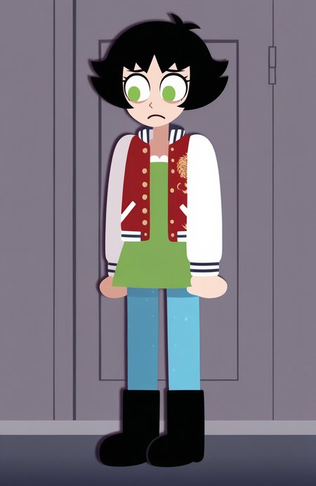 1girl, solo,
buttercup \(ppg\), green eyes, black hair, very short hair, petite, flat chest, tomboy, red open jacket, sukajan, green dress, glitter dress, mini dress, thumb hole sleeves, long sleeves, blue thighband pantyhose, black snow boots, standing, eyes down, slight frown, resigned posture, melancholic feel,
 <lora:GrittySugar:1> grittysugar, extremely detailed, highres, masterpiece, best quality