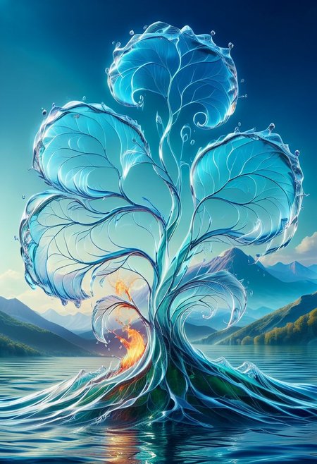 UHD, masterpiece, high quality, extremely details, intricate details, sharp focus, realistic, OverallDetailXL, sss
a tree made of water with leaves on fire ,ais-wvs, strong wind, leaves dancing in the air, lake surrounded by mountains,