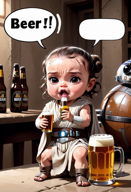 Baby Rey from Star Wars drinking beer,  Comic strip speech bubble "BEER!".
Steps: 30, Sampler: Euler, CFG scale: 12.0, Seed: 2391085041, Size: 832x1216, Model: starlightAnimated_v3-5