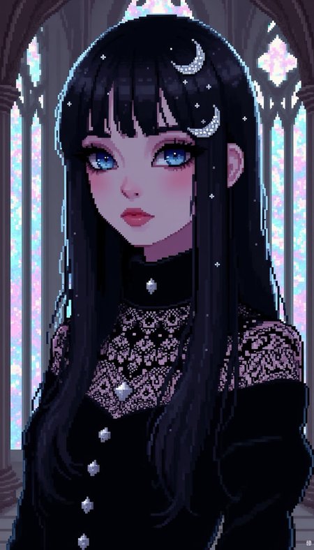 pinkpixelicious, 
A hauntingly beautiful woman with pale, flawless skin and piercing ice-blue eyes framed by dark lashes. Her long, sleek black hair is adorned with silver filigree clips shaped like crescent moons. She wears a high-necked black velvet gown with intricate lace detailing. The background reveals a dimly lit, grand gothic cathedral with towering stained-glass windows casting colorful shadows.
