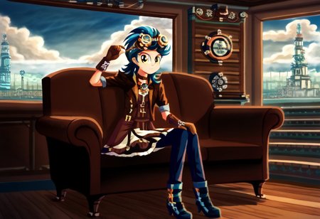 Indigo Zap as an inventor, score_9, score_9, score_8, score_9, score_9, score_9, score_9, solo, detailed, (teenage girl), (steampunk_costume: waistcoat, corsets, a shirt with winged collar, brooch, gloves, top hat, and goggles), (goggles on the head), Indigo Zap_(mlp), equestria girls, eqg, (cutie mark on clothes), g4, mansion setting, interior, living room, sitting, couch, steam lamps, television, windows, cityscape, clocktower, sky world, cloud, (blue sky with white clouds), steampunk architecture, Victorian Architecture, rugged tomboyish spiky hair, masculine facial features, curious face, curious pose, full-body shot, front view, natural lightings, digital painting, watercolor painting, g4, <lora:add_details>, <lora:add_scenery>, <indigo_zap:1>