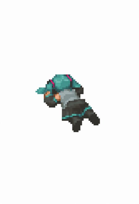 masterpiece, best quality, solo, 1girl, <lora:FFT-Sprites-illus_Fp:1>, full body, lying, head down, pixel art, white background, simple background, hatsune miku,