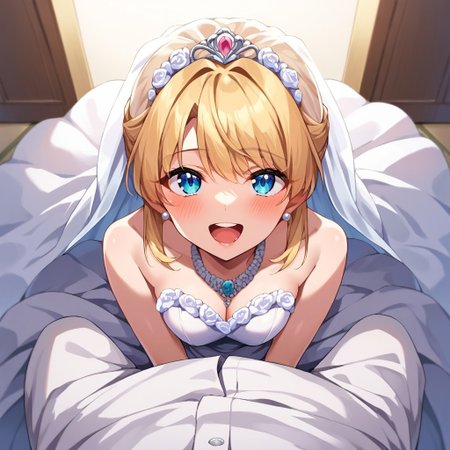 score_9, score_8_up, score_7_up, source_anime, wedding dress, POV, looking at viewer, blush, smile, open mouth, upper teeth only