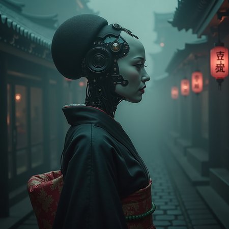 ((1woman Geisha::1.4), ((android::1.5)  from film ghost in shell:1.2) (cyborg parts:1.2), (dark movie atmosphere:1.1), fog,(natural light:1.1)