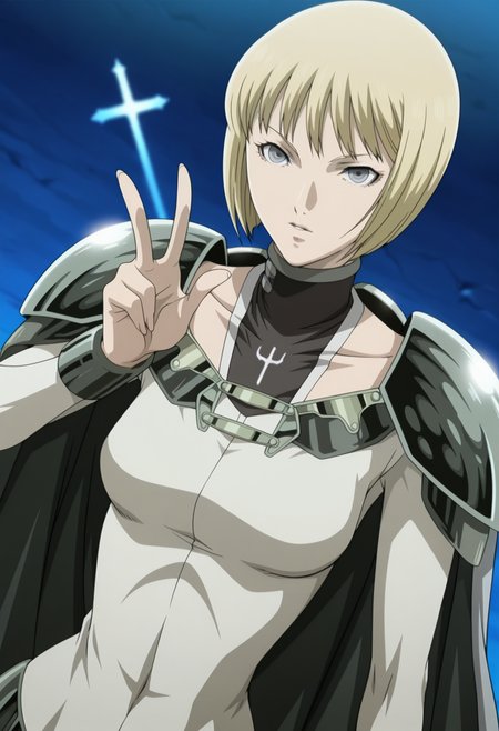 anime screencap, anime coloring, 1girl, solo, <lora:DX888ClareIL:1>  clare, blonde hair, grey eyes, blonde hair, bob cut, cape, bodysuit, pauldrons BREAK  simple background,  blue background, cross background, BREAK upper body,   dutch angle, dynamic pose, posing, w,