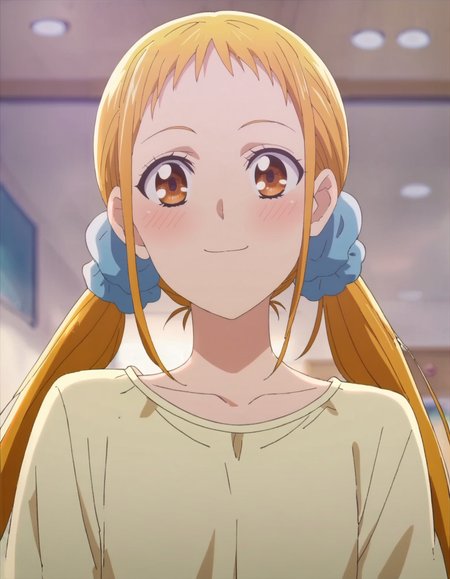 score_9, score_8_up, score_7_up, anime screencap, solo,1girl,kasuganourara,  smile, blush, scrunchie, yellow shirt, hair ornament, hair scrunchie, facing viewer, indoors, shirt, collarbone, blue scrunchie, cowboy shot,low <lora:kasuganourara:0.8>,