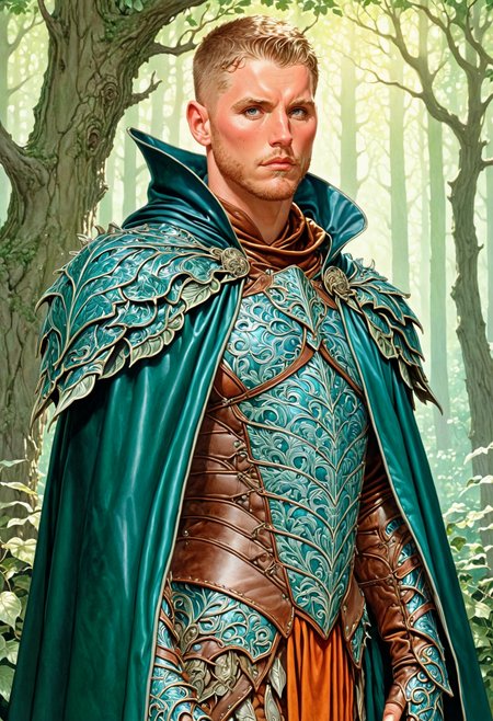 <lora:patrick_henning_sdxl_v1:0.8>, patrickhenning, <lora:HyperdetailedColoredPencilV2:0.75>, ArsMJStyle, Colored pencil hyperdetailed realism, as a noble forest guardian, intricately detailed leather armor, soft emerald cloak, standing amidst enchanted trees, vibrant foliage, gentle sunlight filtering through leaves, fantasy atmosphere