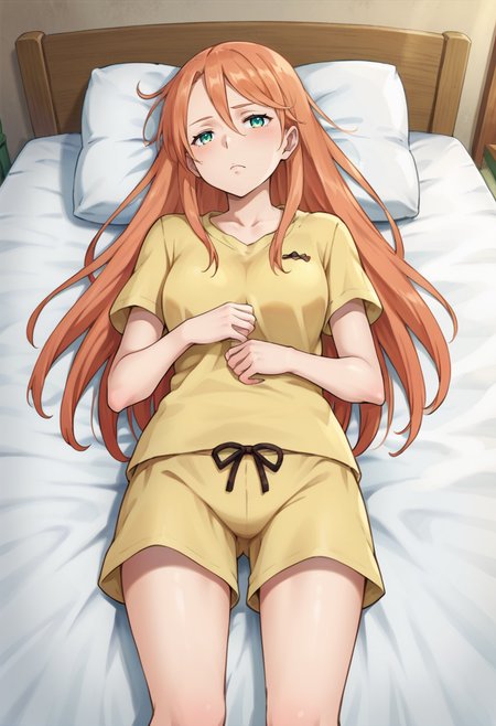 score_9,score_8_up,score_7_up,anime coloring BREAK source_anime,anime,<lora:Aida_Rayhunton:0.8>,aida,1girl,solo,green eyes,orange hair,long hair,pajama,shirt,shorts,sleepy,lying,bedroom,on bed,