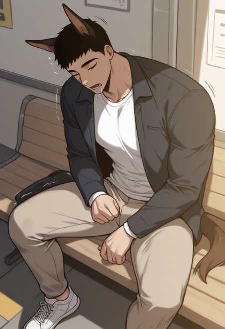 masterpiece, best quality, amazing quality, very aesthetic, absurdres, newest, detailed background, warm natural lighting, lively and bustling atmosphere, background details visible, shiny skin, indoor, train station, chinese background, 
hyunsunglee, 1boy, solo, male focus, short hair, sleeping, muscle body, t-shirt, blazer, brown pants, sneaker, saliva, sitting on bench, motion lines, twitching, ((dog ear:1.2), (long dog tail:1.2), doberman)
