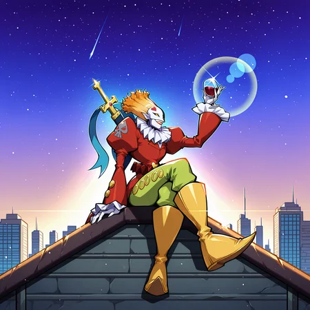 HDA_MasterpieceXL_v1.2, 1boy,  <lora:Piedmon_-_Digimon_Franchise:1> PiedmonIL, smiling, holding an elegant glass of wine, raised hand, smile, cinematic, sitting on rooftop, cross legs, crossing legs, Outdoors, On top skyscraper, sci-fi city, star (sky), Lens flare, bloom,