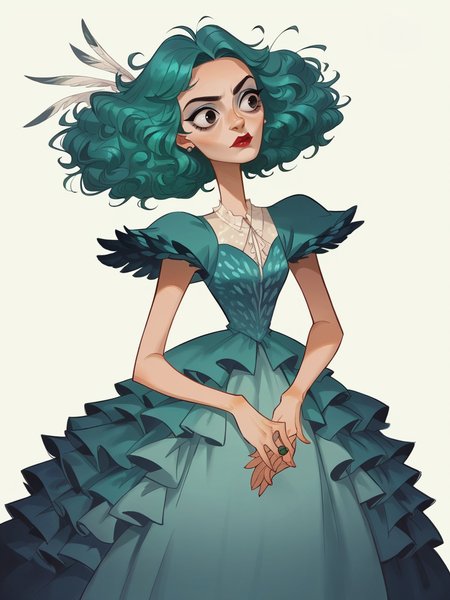 score_9, score_8_up, score_7_up, score_6_up, score_5_up, <lora:kangyannanXLP:0.8> kangyannan, white background, 1girl, peacock feathers, teal hair, dress
