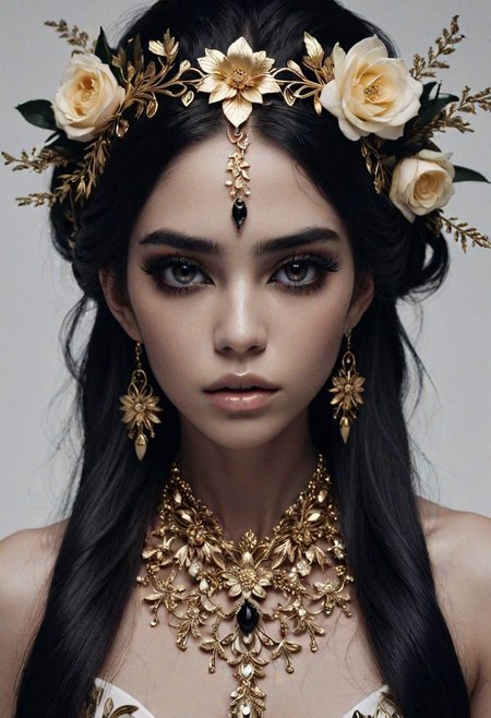 goddess of beauty and love, brazilian, sharp accent, long shiny black hair, flowers, complicated hairstyle, black eyes, intricate details, gold chain and jewelry, high contrast, by WLOP