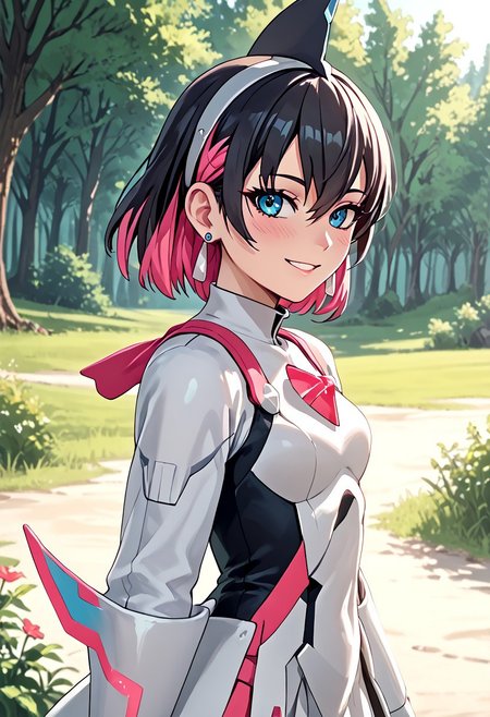 score_4,score_5,score_6,score_7_up,score_8_up,score_9 ((masterpiece,best quality,ultra detailed,highres,HD,4k:1.2)), 
1 girl,solo,face focus,
((ironvaliantsv,human girl,)),
short hair,black hair,multicolored hair,Inner color pink hair,blue eyes,tattoo,black head gear,earrings,small breast,
outdoors,in the forest,day,
standing,
smile,.blush,light smile,