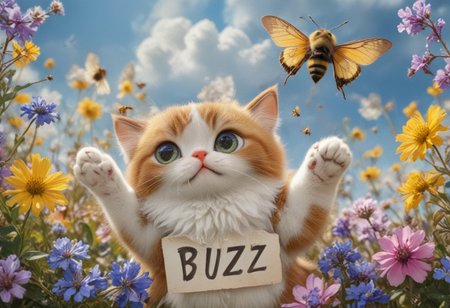 photorealistic close up image
flying kitten with bee wings, flying cat, cat bee hybrid, bumble bee fur, kitten has bumble bee fur, (bee wings), blue eyes, ((Holding a sign that says "Buzz Buzz")), kitten is flying over a flower field with vibrant colors
1cat
highly detailed, aesthetic, great lighting, extremely detailed, award winning, perfect composition, a rich and complex image of nature, a vibrant tissue of hues and textures captured digitally, best quality, realistic, captivating, intricately detailed, hyper detailed, maximalist style, photorealist, sharp focus, dynamic lighting, superb composition, finest details, highest aesthetics, best quality, sharp focus, high contrast, stylized, clear, colorful, ultra quality, 8k, best quality, masterpiece,midjourneyv6.1
AP, no humans, animal focus, cat ,looking at viewer, animal,whiskers