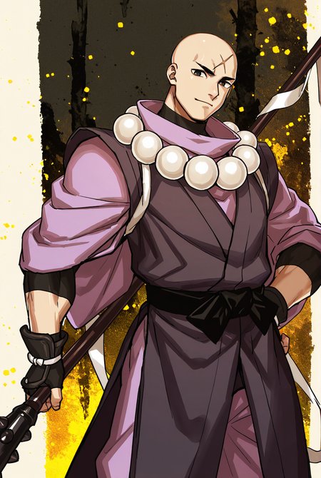 score_9,score_8_up,score_7_up,male focus,ultra-detailed,high resolution,digital painting,8k,1boy,solo,cowboy shot,bara,male focus,detailed face,bald,monk,beads,jewelry,necklace,japanese clothes,prayer beads,scar,scar on face,fingerless gloves,weapon,polearm,looking at viewer,<lora:add-detail-xl:1>,<lora:FGO Hozoin Inshun:0.7>,fgo hozoin inshun,<lora:League_of_Legends__illustrious-XL:0.5>,