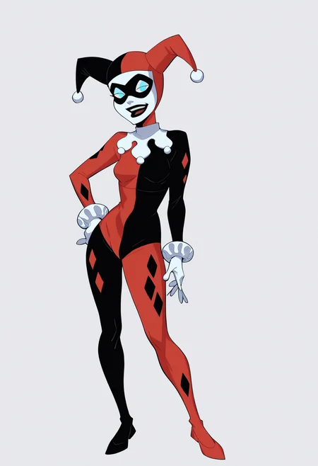 score_9, score_8_up, score_7_up, score_6_up, score_5_up, score_4_up, BREAK source_cartoon,
1girl, hq1992, domino mask, jester cap, black and red bodysuit, blue eyes, no pupils,
full body, hands on hips, standing,  solo, looking at viewer, simple background , white background,  <lora:HQ1992XL:1>