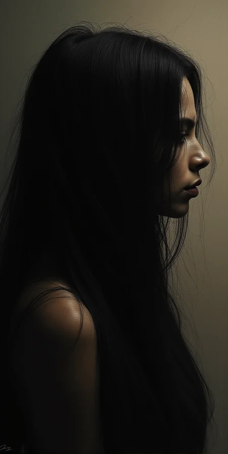Surrealist art painting of a woman with long black hair, soft-focused realism --chaos 75 --ar 1:2 --profile 1kixoc4 --stylize 750 --v 7,  <lora:- Flux1 - vanta_black_V2.0:1> . Dreamlike, mysterious, provocative, symbolic, intricate, detailed