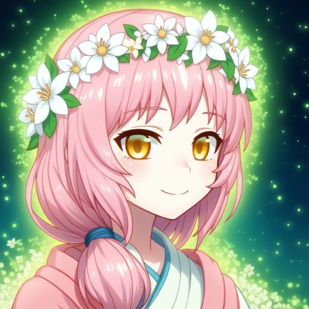 mana_sk style, portrait, focus on face, a hopeful healer girl with soft pink hair tied into a low ponytail and warm golden eyes, wearing a delicate wreath of white flowers and a pastel robe embroidered with luminous patterns, her gentle smile emanating kindness, faint light particles glowing around her face, Japanese RPG style, serene and uplifting atmosphere, intricate details on her wreath and robe