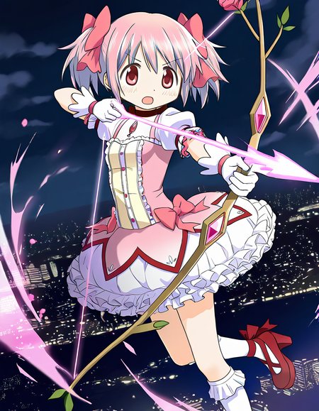 masterpiece, best quality, newest, absurdres, highres, safe, 1girl, kaname madoka, magia record: mahou shoujo madoka magica gaiden, solo, holding bow \(weapon\), aiming, magic, v-shaped eyebrows, open mouth, standing on one leg, cityscape, scenery, night, cloudy sky, dutch angle, <lora:20241222214529_kaname_madoka_noobaiXLNAIXL_vPred10Version:0.7>