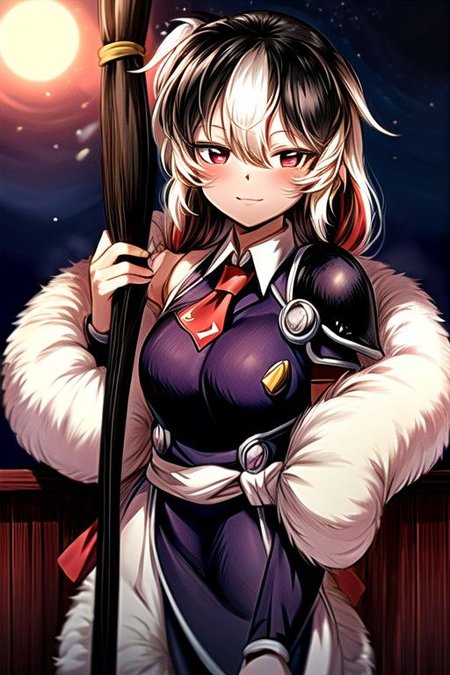 best quality 1girl Setsun4 solo long hair,  (night time) forest background black hair very long hair purple eyes multicolored hair armor, small, (fur trim) (medium body),<lora:EMS-179-EMS:0.800000>,<lora:EMS-293862-EMS:0.800000> bow, hair_bow, hair_tubes, red_bow, brown_hair, long_hair, bangs, ascot, frilled_bow, yellow_ascot, blush, smile, hair_between_eyes, athletic, armor, miko, strengthmda,  Smiling, happy