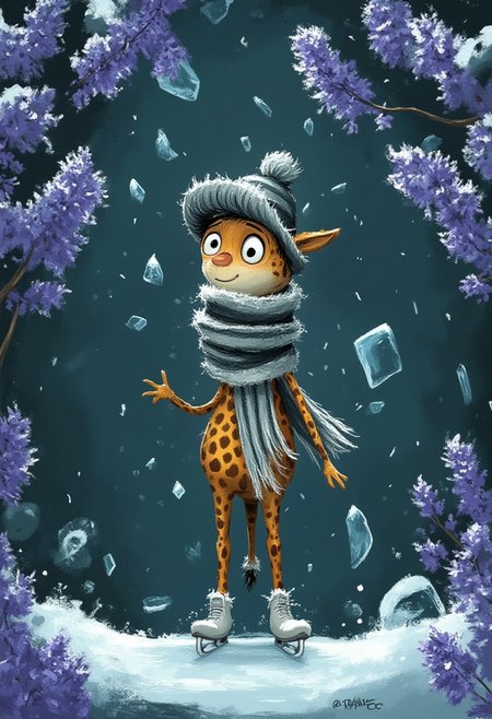 A whimsical illustration of a lanky giraffe with impossibly thin elongated legs in dark whimsical art style, balancing nervously on ice skates while wrapped in an enormous striped woolen scarf that spirals up its stretched neck, surrounded by frozen purple wisteria and blue cornflowers trapped in ice, digital painting with crystalline brushstrokes showing spotty fur covered in snowflakes, twilight teal background with drifting paper snowflakes, characteristic Tim Burton inspired design with huge honey-colored worried eyes and trembling smile.