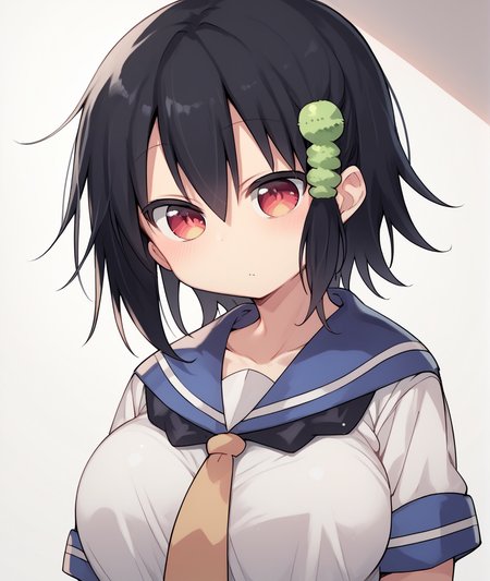 score_9, score_8_up, score_7_up, score_6_up, score_5_up, score_4_up, BREAK source_anime,
<lora:Komori Shuri_PONY:1>,komori shuri, 1girl, solo, black hair, red eyes, short hair, hair ornament, school uniform, serafuku,large breasts,