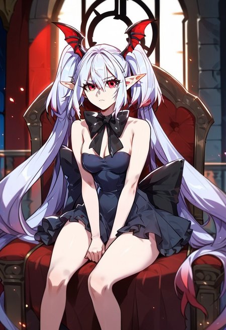zPDXL3, score_9_up, score_8_up, score_7_up, Anime_source, 
1girl, solo, Bai ji, breasts, long hair, red eyes, hair between eyes, very long hair, white hair, colored skin, pointy ears, looking at viewer, skirt, dress, bow, bare shoulders, twintails, frills,wings,bowtie,black skirt, black bow, head wings, castle, indoors, sitting_on, chair, bloodsky, bloodmoon,