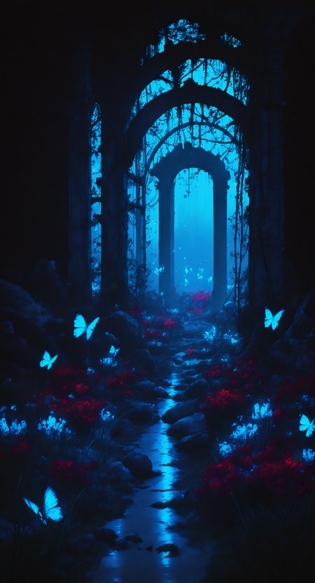 masterpiece, best quality, good quality, very awa, very aesthetic, absurdres, newest,  flower, no humans, night, grass, plant, red flower, butterfly, scenery, rock, dark, vines, ruins, blue butterfly, path, arch, overgrown, Cinematic Lighting,
limited palette, glowing, psychedelic, <lora:NOOB_vp1_detailer_by_volnovik_v1:0.35> <lora:noobai_ep11_stabilizer_v0.138_fp16:0.4> <lora:ponyv6_noobV1_2_adamW-000017:0.7> <lora:ç»ªå¿_åæ¶æå¾åå½±è´¨æå¢å¼ºV3:0.3> <lora:r17329_illuu:0.3> <lora:748cmXL_NB11_lokr_V6311P:0.8>