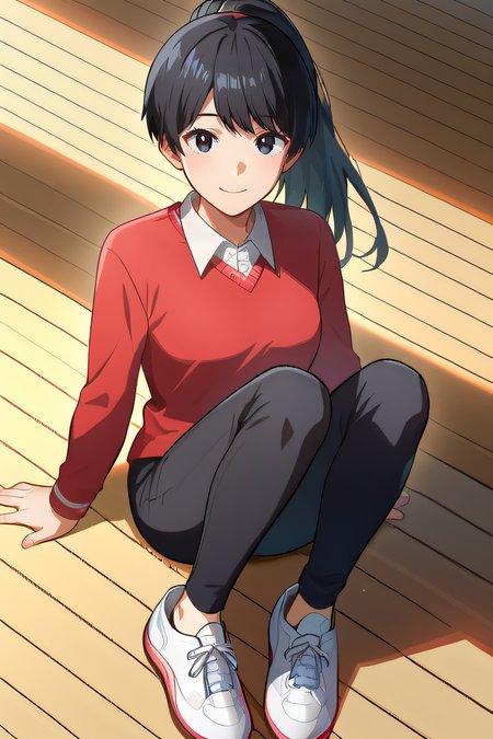 score_9, score_8_up, score_7_up, source_anime, rating_safe, intricate details, official style, 1girl, solo, <lora:Shibuya_Aoi:1>, shibuyaaoi, black hair, black eyes, ponytail, collared shirt, red sweater, long sleeves, medium breasts, black pants, white sneakers, looking at viewer, indoor, full body, sitting on floor, school, smile