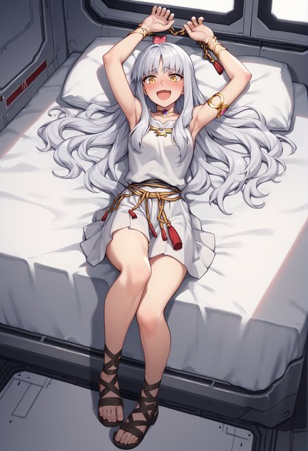 1girl, long hair, grey hair, yellow eyes, hair ornament, toga, choker, jewelry, bare shoulders, bracelet, armlet, chains, sandals, indoors, spacecraft interior, white wall, bed, laying, on back, arms up, blushing, nervous smile, open mouth, blushing, panicking  <lora:Amor_Caren_Hortensia_XL:1>, score_9, score_8_up, score_7_up, score_6_up, score_5_up, score_4_up, BREAK source_anime, masterpiece