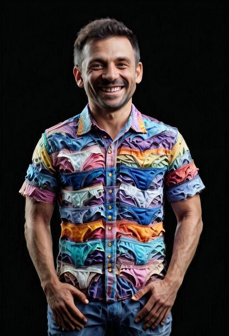 award winning, P4NT13S,  a man wearing a colorful shirt P4NT13S, smiling,  ,enhanced textures, creative, beautiful, vibrant, masterpiece, 8k, Ultra HD, amazing details, amazing quality, amazing artist, sharp edges, detailed textures, full view, atmospheric lighting, amazing visuals