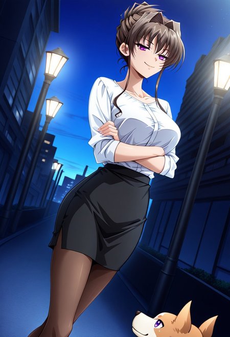 masterpiece, best quality, newest, highres, uncensored, 1girl, yokota mamoru style,1girl,
Yaginuma Shizuka,Brown Hair, Intake Hair, Spiky Bangs,Violet Eyes,Young，slim
skirt, shirt, white shirt, pantyhose, formal, office lady, city street, evening, streetlights, walking dog, quiet neighborhood, gentle breeze, smile, , crossed arms, smug, solo,, dutch angle, cowboy