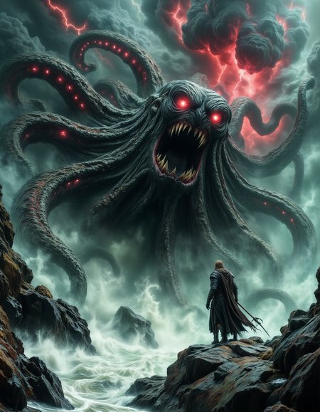 The Abyssal Leviathan Awakens From the depths of a storm-lashed ocean, a colossal tentacled horror rises, its gaping maw filled with endless rows of jagged teeth, its glowing red eyes piercing through the mist. Its writhing appendages, covered in ancient scars and pulsating veins, thrash wildly, sending towering waves crashing against the jagged cliffs. A lone warrior, clad in sea-worn armor, stands defiantly on the rocky shore, gripping a runed harpoon, his tattered cloak whipping in the wind. The sky churns with crimson lightning and swirling black clouds, as if the heavens themselves are reacting to the leviathanâs return. The atmosphere is chaotic, overwhelming, and apocalyptic, capturing the moment before an inevitable clash between man and nightmare.
<lora:dark-fantasy-flux:1>