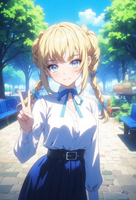 A cheerful anime-style girl with blonde hair styled in two braids, wearing a white blouse with a blue ribbon and a dark skirt. She is standing on a sunlit pathway in a park with green trees and a clear blue sky in the background. The girl is smiling and making a peace sign with her hand. The overall scene should have a bright and colorful atmosphere, with the main tone being light blue. Incorporate more blue tones into the background, such as blue benches instead of brown, and more blue accents in her outfit.