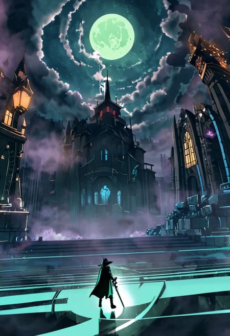 houtline, digital_art, (Best quality), standing, building, weapon, hat, pillar, from_behind, a wizard  fighting a legendary chess boss, glowing, cape, fog, silhouette, full_body, outdoors, sword, indoors, holding, long_hair, night, 1boy, fight_group, sky, (scenery),  holding_weapon, stairs, (monster), battle, dress, facing_away, (boss_fight:1.2), cloak, hood, long_sleeves, arch, witch_hat, male_focus, lamppost, blonde_hair, ruins, gloves, sitting, science_fiction, dark, light, reflection, full_moon, floating, witch, bridge, hitodama, holding_sword, legendary_monster, coat, night_sky, (dutch_angle), (size_difference:1.4), street_view, street, glowing_eyes, light_rays, rain, motion_blur, motion_lines,  from_side, chess_(theme), tower_(theme), chess, queen_chess_piece, Piece_monster, , boots, short_hair, railing, sign, ghost, crystal, wide_sleeves, pants, lights, skyscraper, red_eyes, walking, cloud, blue_hair, hooded_cloak, multiple_girls, epic, staff, (statue), riding, creature, legs_apart, full_armor, castle, planted_weapon, purple_lights, smoke, purple smoke, Aqua_(theme)